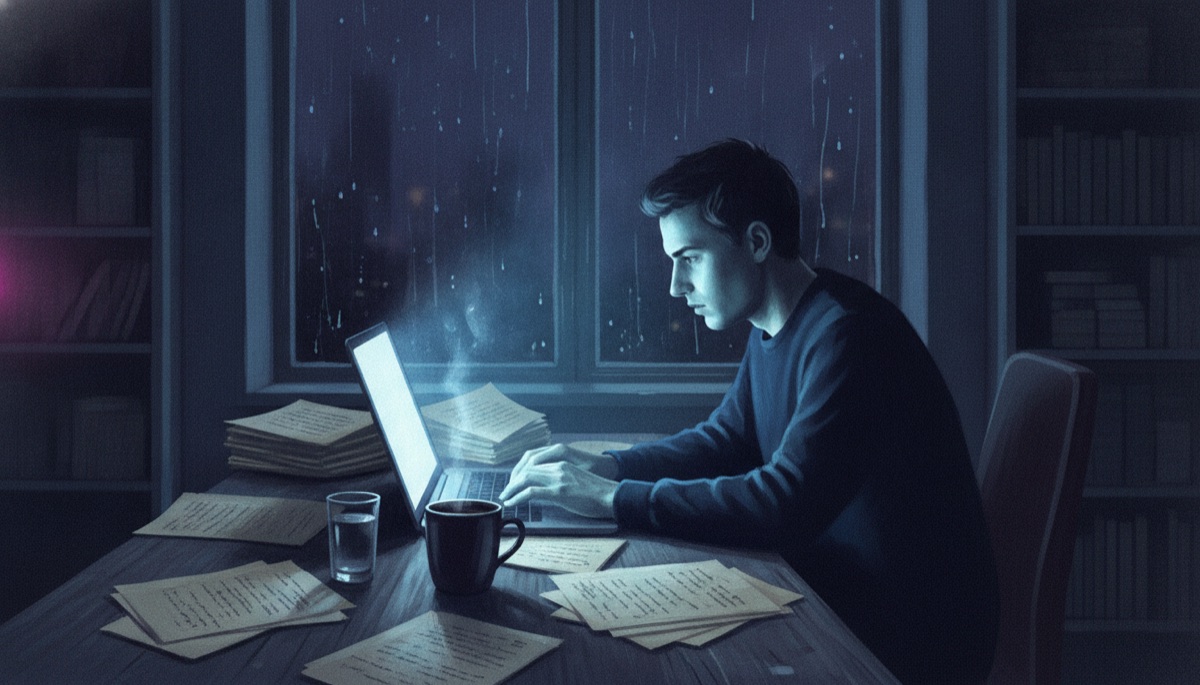 A writer typing on a laptop late at night, desk covered in handwritten pages, rain streaking the window