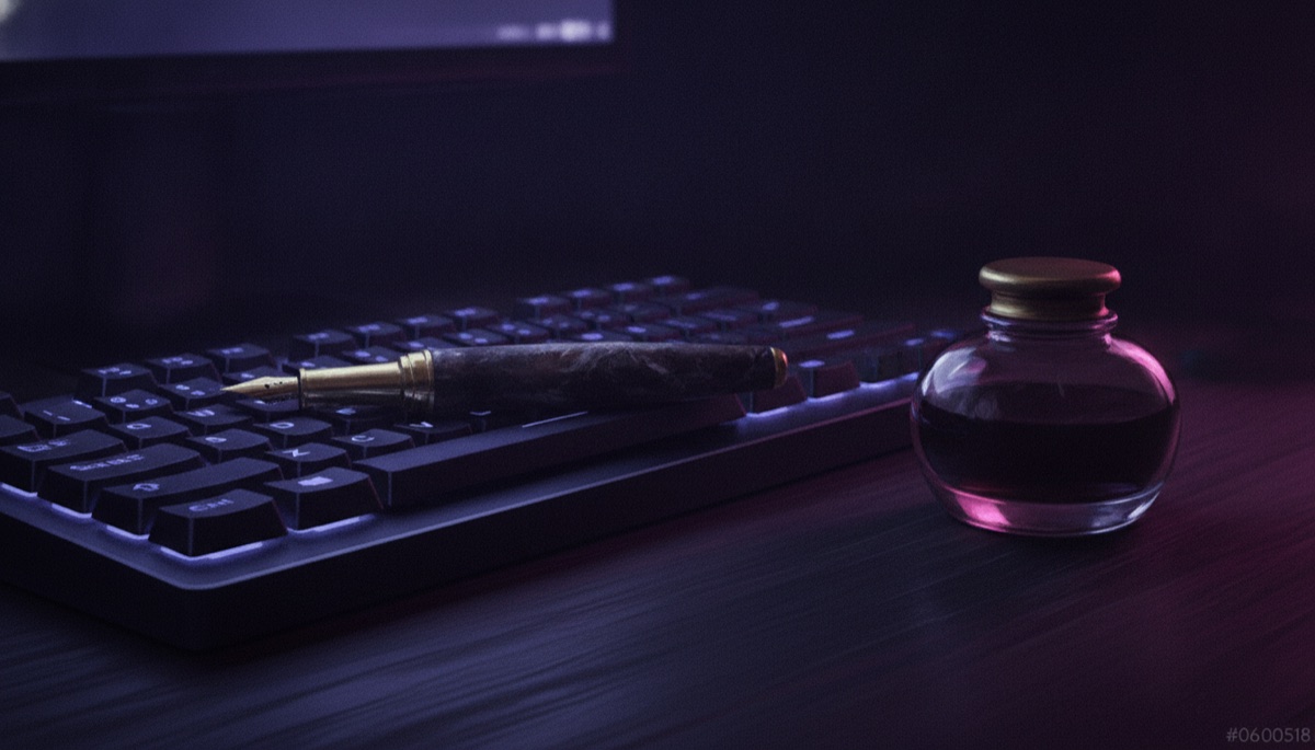 A fountain pen lying across a backlit keyboard beside a glass inkwell