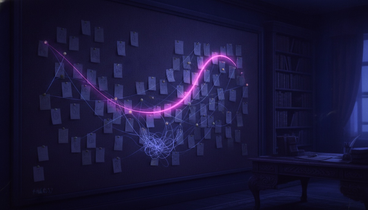 A corkboard crowded with pinned notes and tangled string, one bright thread tracing a clean story arc through the middle