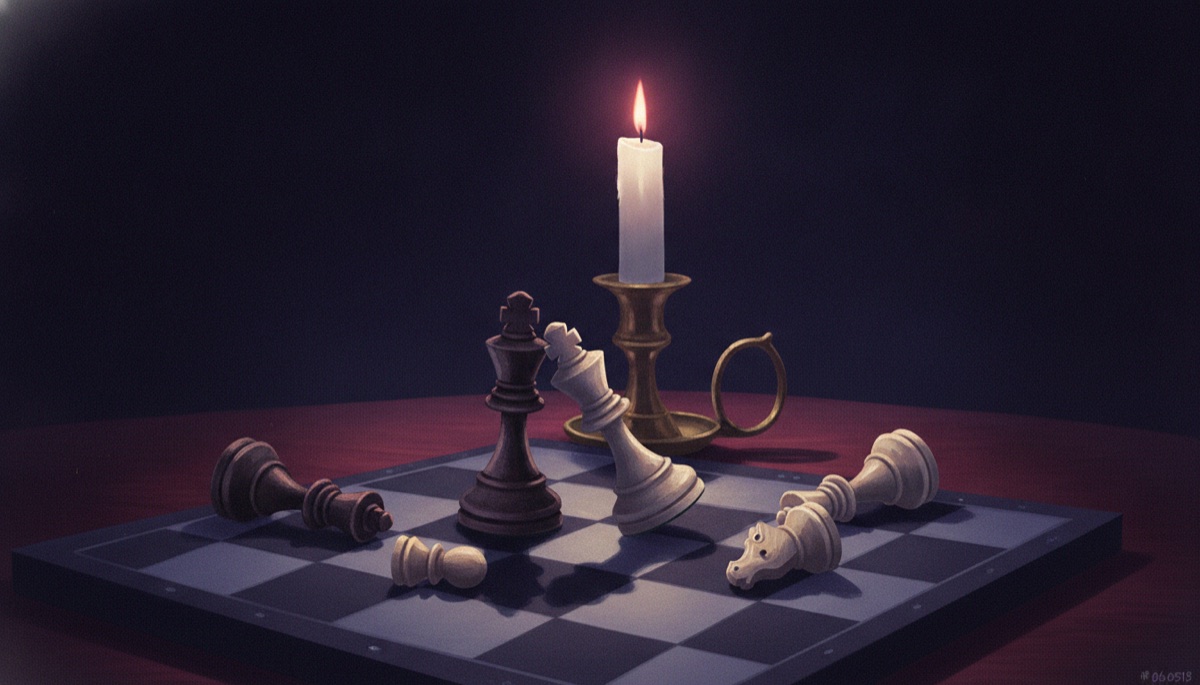 Chess pieces scattered mid-game, the white king toppled against the black king by candlelight