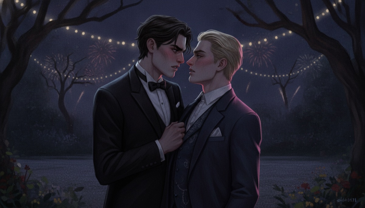 Two men in formal evening wear stand a breath apart in a dark garden while fireworks burst overhead