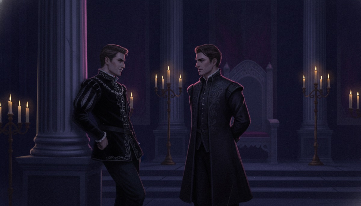Two young courtiers regard each other warily across a candlelit throne room