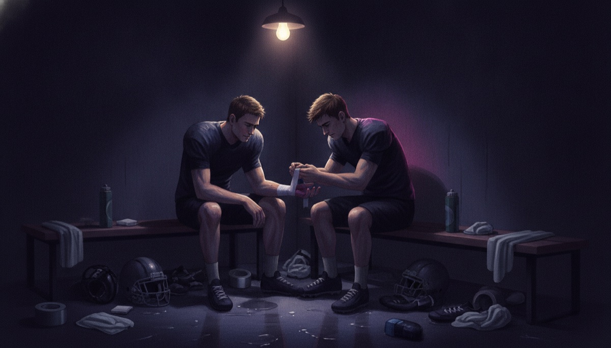 In a dim locker room after practice, one athlete carefully tapes his teammate's hand