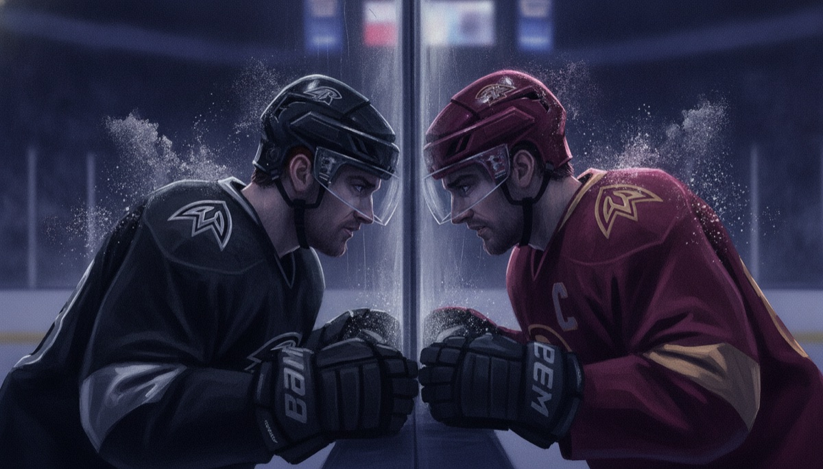 Two rival hockey players in opposing jerseys pressed forehead to forehead against the rink glass