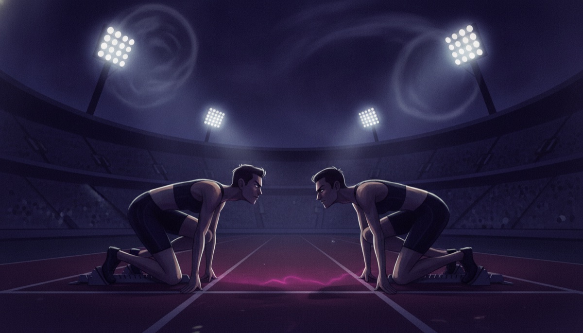 Two sprinters crouched in starting blocks under night stadium floodlights, eyes locked across the lanes