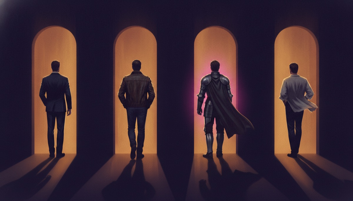 Four male silhouettes, from tailored suit to plate armor, each standing in his own lit doorway