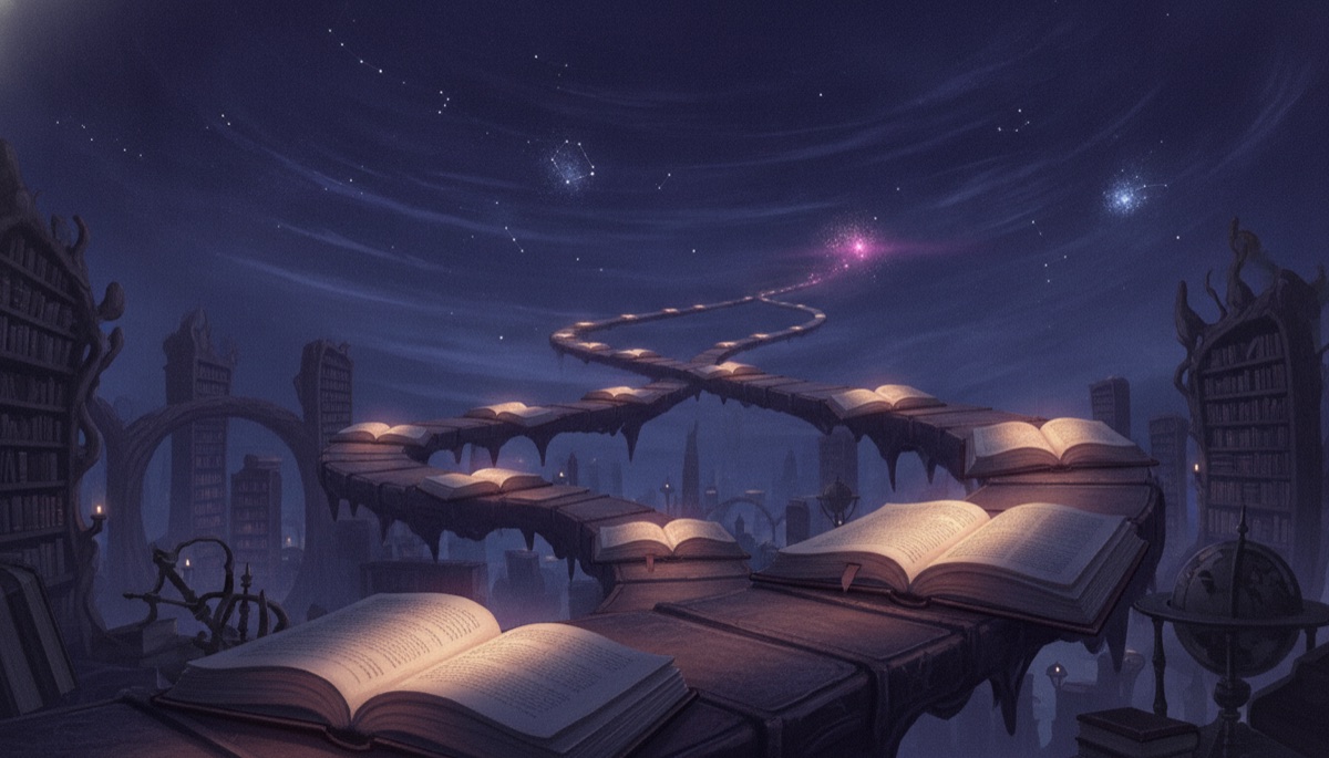 A winding path of glowing open books branching upward from a library into a starry night sky
